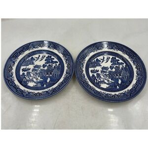VTG Churchill Blue Willow Pattern Salad Plates England Chinoiserie 8" Set of 2